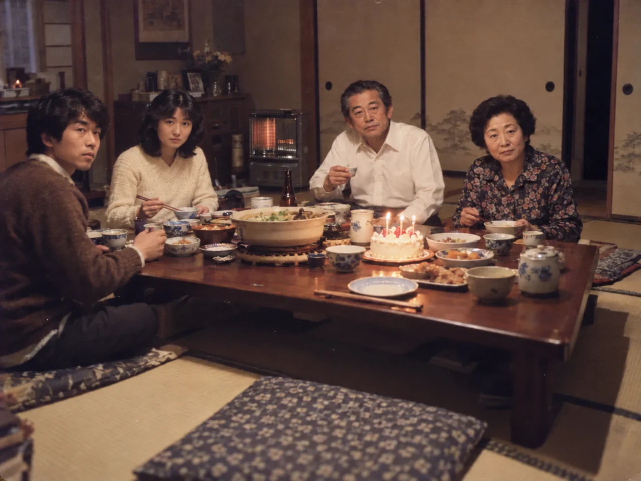 同じ食卓の四人が、画面の手前へ顔を向けている。手前の座布団には人がいない。