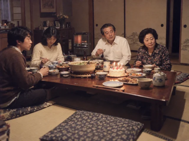 古い家庭用フィルムの食卓。四人の大人が座り、手前には誰も座っていない座布団と一人分の食器がある。