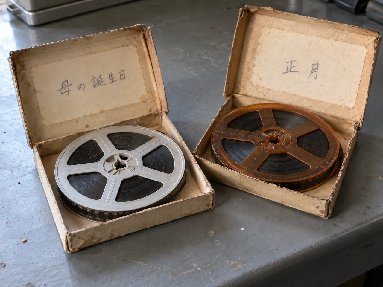 開いた紙製ケースに収めた銀色と茶色の八ミリフィルム二巻。ふたの内側の紙札に、左は「母の誕生日」、右は「正月」と手書きされている。