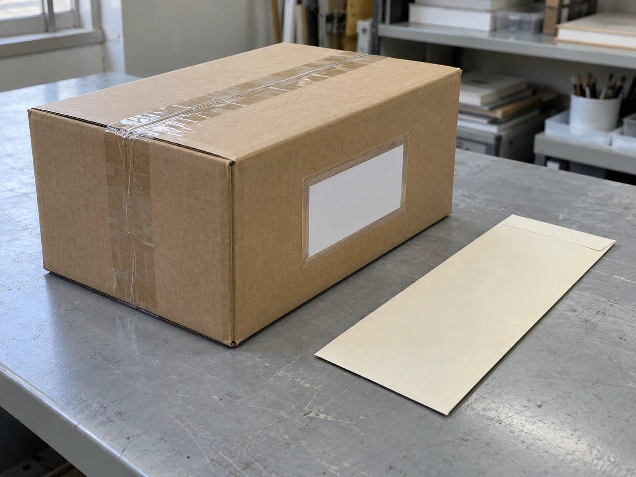 上面を透明テープで留めた返却用の茶色い箱。宛先欄は空で、受領用の別包みを箱の外へ置いている。