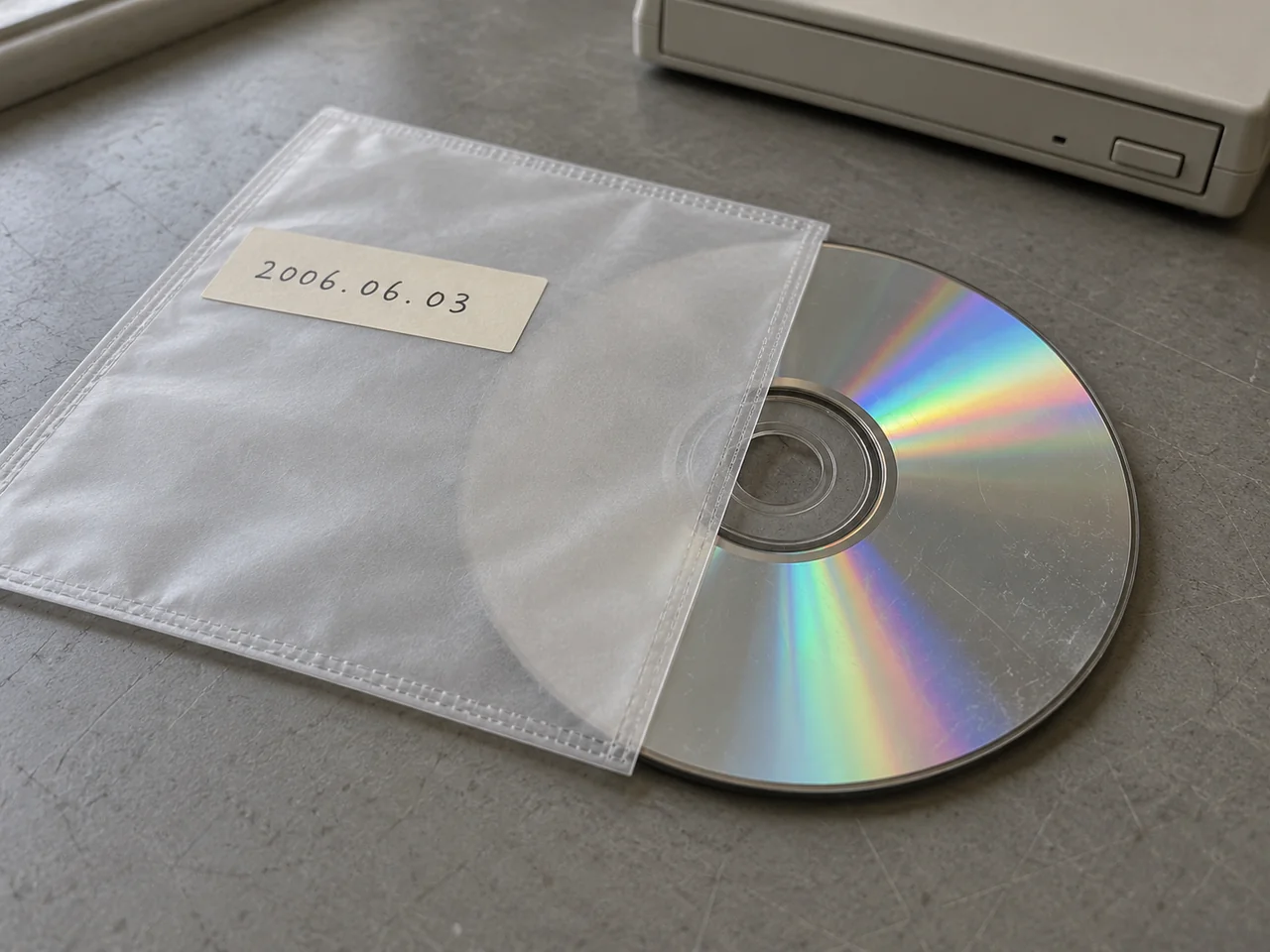 2006.06.03の札を貼った半透明の保護袋とDVD。奥に読取ドライブが置かれている。