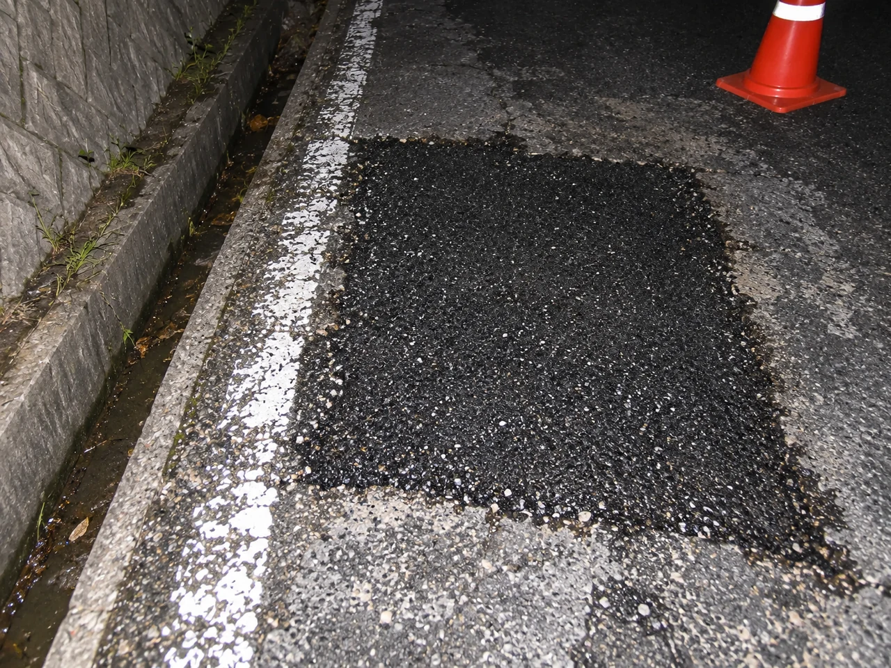 規制区間の石垣沿いにある補修後の舗装面。