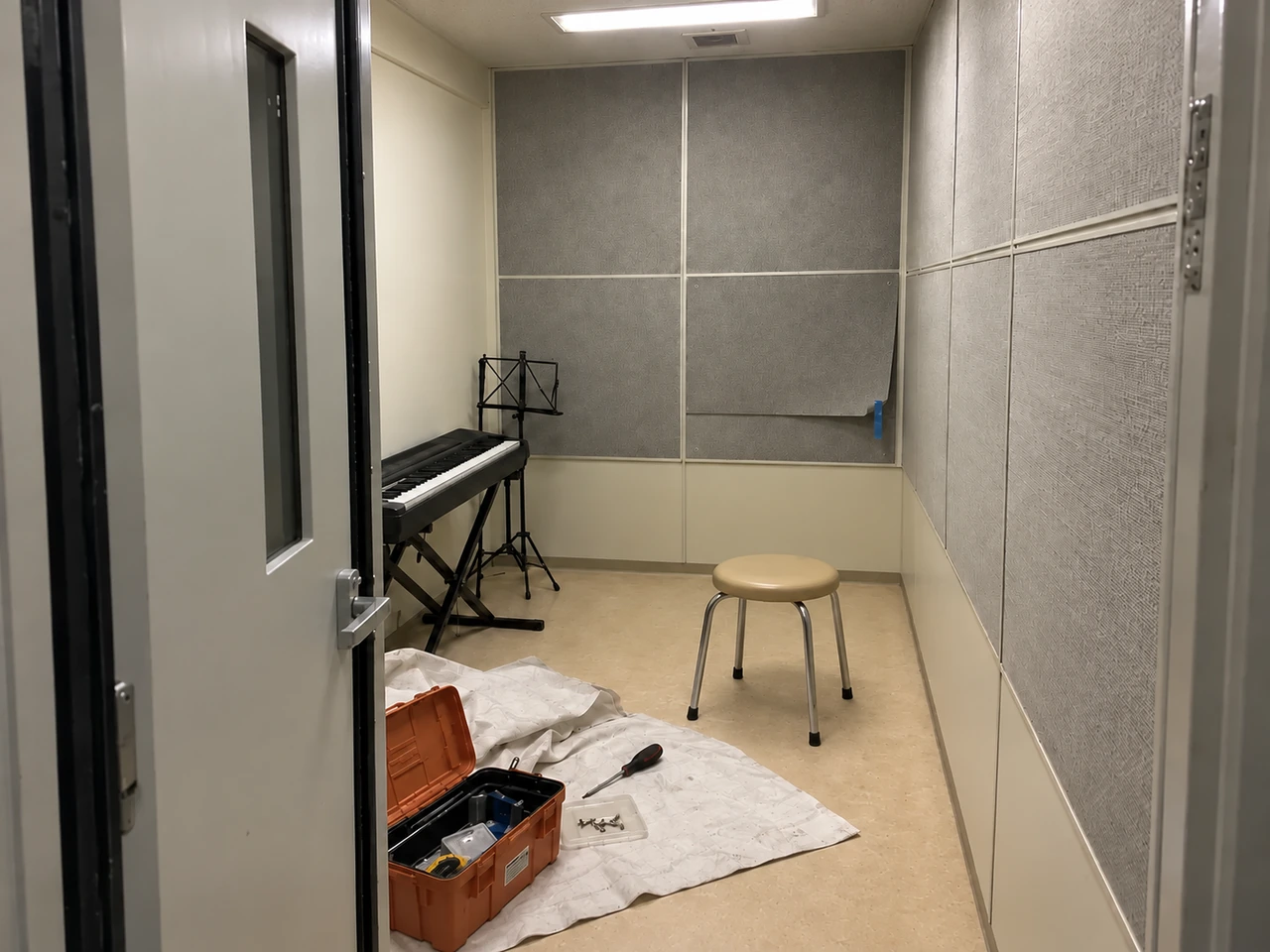 施工前の個人練習室。奥の灰色の吸音パネルの下端が剥がれ、丸椅子は部屋の中央寄りにある。左にキーボードと譜面台、手前に養生布と工具。