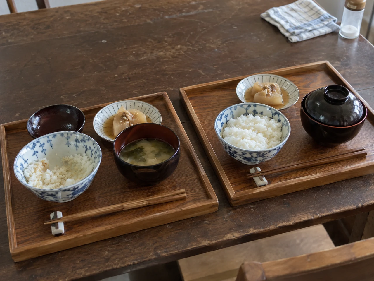 木の食卓の同じ側に、二人分の朝食の盆が並ぶ。左の茶碗は食べかけで、右はご飯と蓋付きの汁椀が手つかずのまま置かれている。